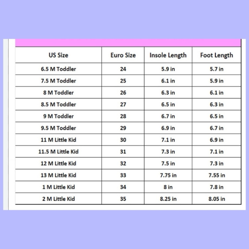 Toddler and Little Kid Shoe Size Chart